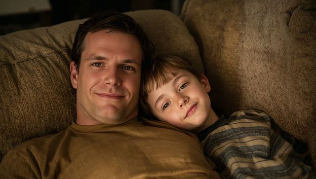 Father and Son Relaxing on Couch Sharing Warm Hug and Bonding Moment in Cozy Home