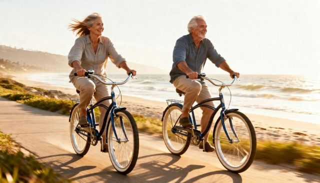 Active senior couple cycling along sunlit coastal path on cruiser bicycles