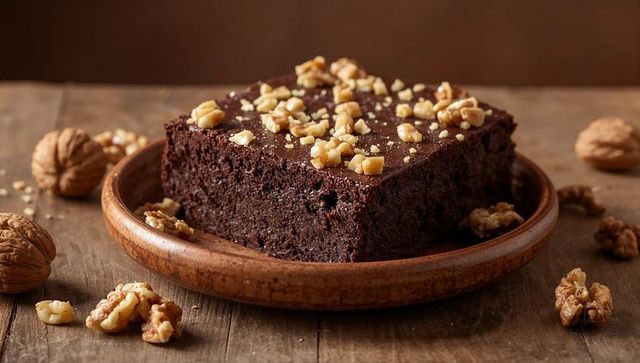 Square chocolate brownie sitting on wooden plate topped with chopped walnuts and chocolate glaze