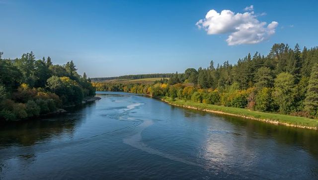 Serene river meandering through forested valley under clear blue sky with cloud reflection