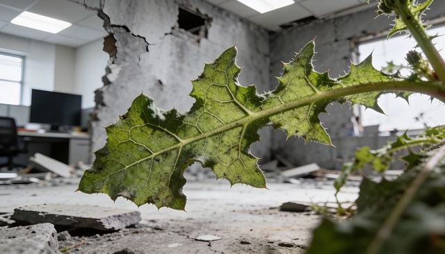 Spiky thistle leaf creeping across ruined office floor with rubble and broken ceiling