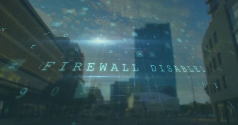 Cityscape with digital overlay of firewall disabled text