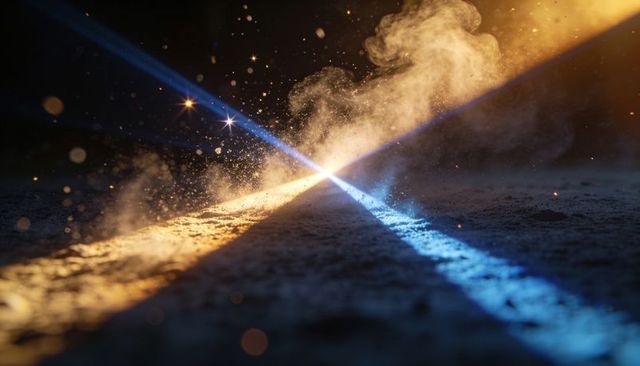 Converging blue amber light beams crossing sandy surface creating luminous dust plume