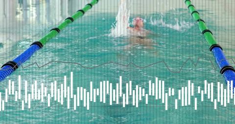 Backstroke Swimmer Racing Through Turquoise Pool Lane with Waveform Data Overlay