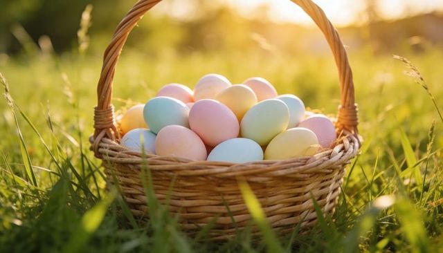 Pastel easter eggs nesting in wicker basket on sunlit meadow at golden hour