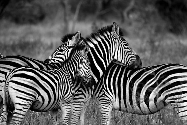 Group of zebras with their distinct black and white stripes grazing together in the wild. Ideal for use in nature or wildlife-themed content, conservation campaigns, education materials, or travel promotions. Highlights the beauty of African wildlife and natural environments.
