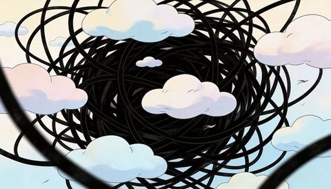 Surreal sky vortex of black ribbon tangles with pastel clouds and soaring birds