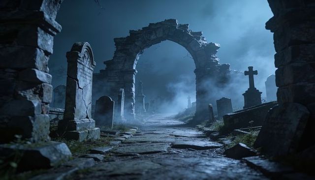 Moonlit ruined cemetery archway leading along foggy cracked stone pathway, gothic night