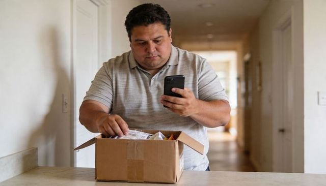 Man inspecting delivery package while holding smartphone and packing slip on kitchen counter