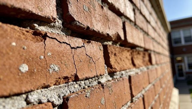 Sunlit weathered red brick wall showing cracked mortar, lichen and texture detail