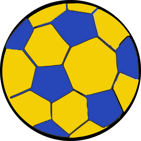 Flat design soccer ball with yellow and blue panels on transparent background