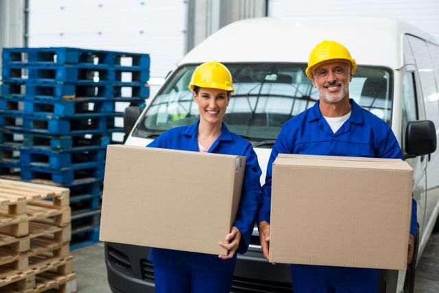 Two delivery workers in blue uniforms and yellow hard hats are carrying cardboard boxes outside a warehouse. They are standing in front of a white delivery van, with stacks of pallets visible in the background. This image can be used for themes related to logistics, transportation, shipping, and warehouse operations. It is suitable for illustrating teamwork, industrial work environments, and the distribution industry.