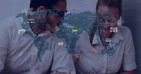 Colleagues Analyzing Global Data Visualization Overlay at Office Table