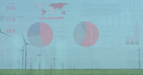 Statistical data overlay with wind turbines in renewable energy theme