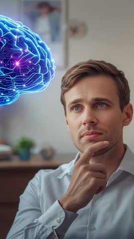 Man Gazing at Holographic Brain Circuitry, Exploring AI Neural Network and Innovation