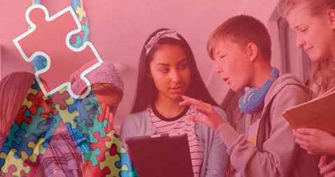 Diverse Children Engaging with Puzzle and Ribbon Symbolizing Autism Awareness