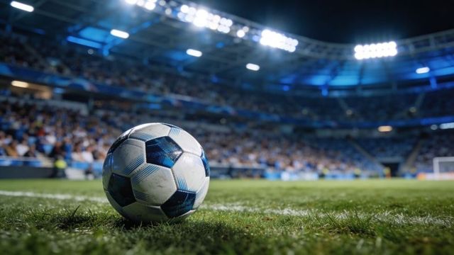 Resting soccer ball on pitch under floodlights with blurred crowd and night atmosphere