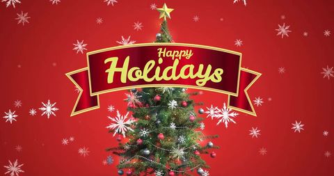 Happy Holidays Banner Overfestive Christmas Tree on Red Background