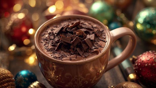 Festive Hot Cocoa with Chocolate Shavings Amidst Holiday Decorations
