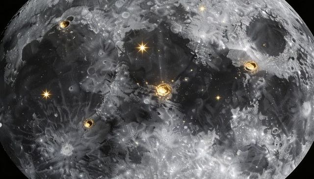 Lunar maria with glowing golden crater rings and radiant flares, high-res orbital view