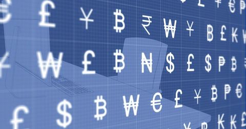 Global currency symbols projected over office space
