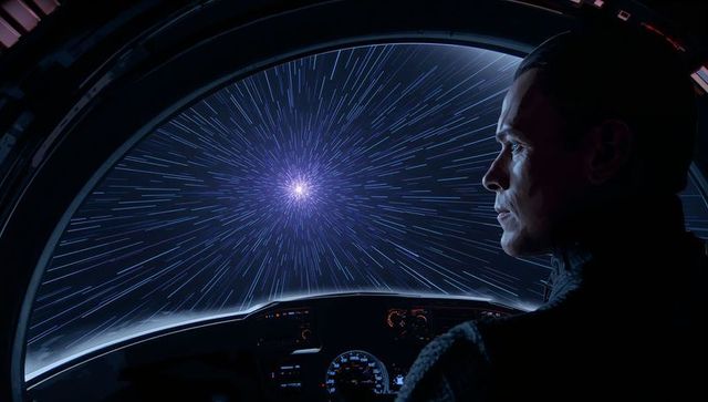 Pilot Navigating Hyperspace in Futuristic Cockpit with Starfield Warp and Cinematic Lighting