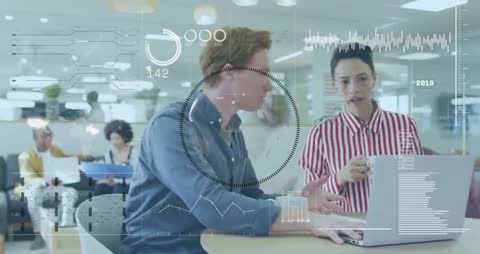 Business Professionals Analyzing Data with Futuristic Overlay