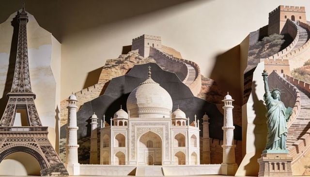 Miniature landmarks diorama showing taj mahal with eiffel tower, great wall and statue of liberty