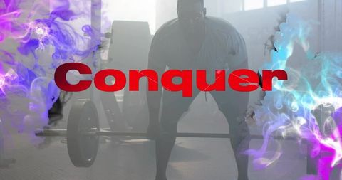 Conquer deadlift motivation - powerful lifter gripping loaded barbell with colored vapor