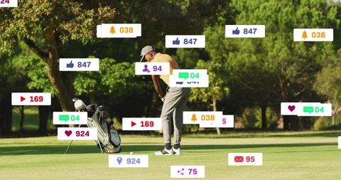 Golfer Lining Up Putt on Green with Social Media Overlays