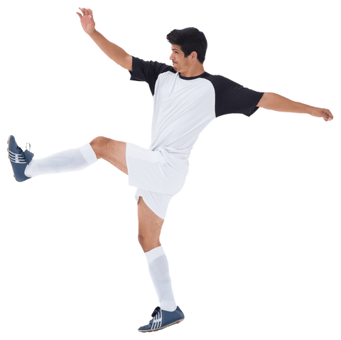 Focused Latino Football Player in Mid-Kick on Transparent Background