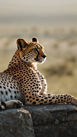 Cheetah Resting on Rock Turning Head and Scanning Savanna Horizon Vertical Video