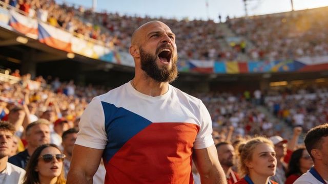 Bald bearded fan shouting in stadium wearing czech flag t-shirt, intense cheering crowd
