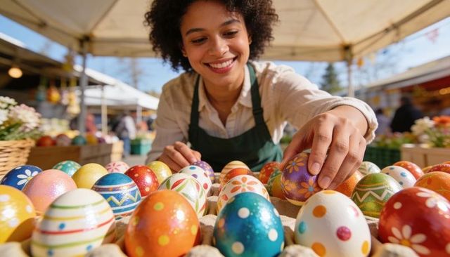 Smiling Market Vendor Arranging Colorful Hand-Painted Easter Eggs in Sunlit Outdoor Stall