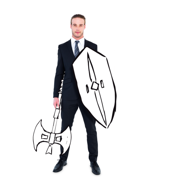 Businessman Holding Cartoon Shield and Axe on Transparent Background - Download Free Stock Videos Pikwizard.com