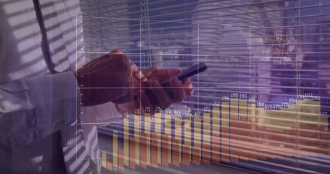 Financial data visualization with businessman using smartphone