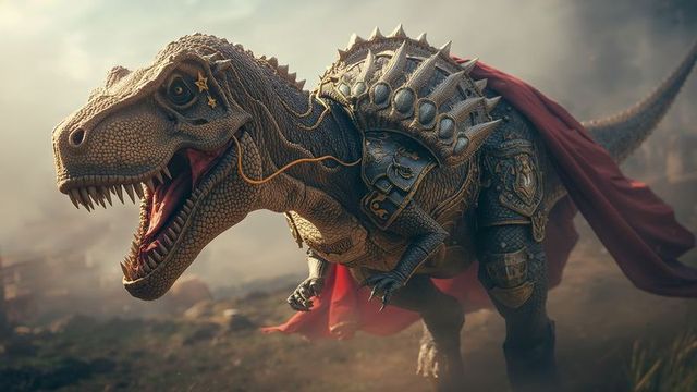 Fantasy armored t-rex roaring across misty ancient battlefield