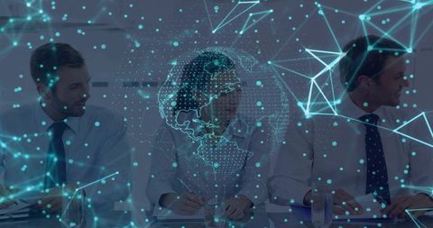 Corporate Professionals Analyzing Digital Globe in Futuristic Business Meeting