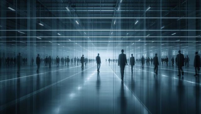 Commuters walking toward bright horizon in futuristic glass concourse with reflections