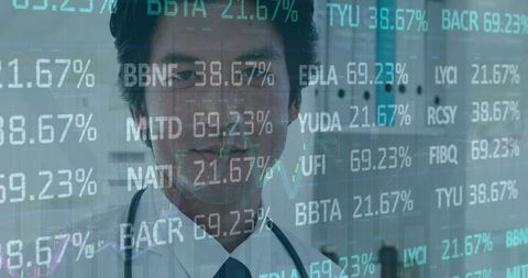 Japanese Doctor Analyzing Digital Financial Healthcare Data