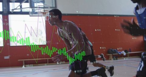 Basketball Athlete Sprinting on Indoor Court with Real-Time Performance Analytics Overlay