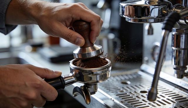 Close-up barista tamping espresso grounds with wooden tamper at chrome commercial machine