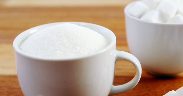 This image shows white crystalline sugar in a cup with sugar cubes in another cup, displaying the texture and look of the sweetener. This photo can be used in articles about food, recipes, cooking tips, baking ingredients, sugar consumption, and healthy eating.