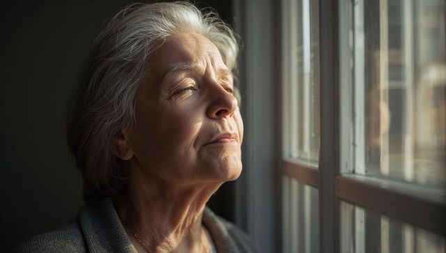 Silver-haired senior woman gazing through multi-pane window, soaking warm golden sunlight