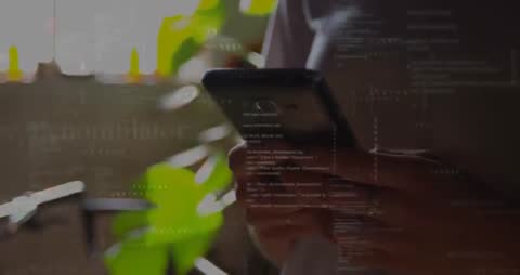 Woman Using Smartphone Amid Code Overlay in Digital Workspace