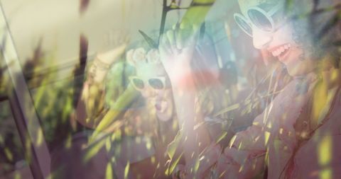 Joyful women enjoying road trip with nature overlay