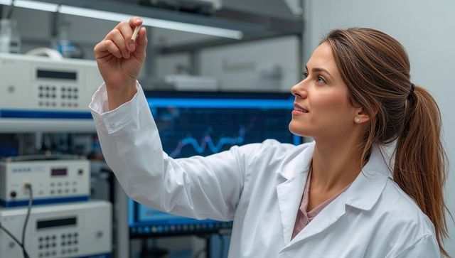 Female Scientist Analyzing Clear Element in Laboratory Setting