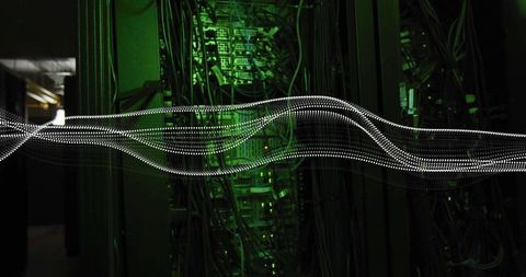 Neon data flow showing dotted light stream crossing server racks and network cabling with green leds