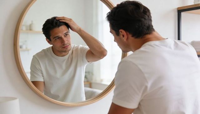 Man styling hair at round wooden mirror in minimalist bathroom morning grooming routine