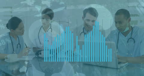 Diverse Medical Team Analyzing Data with Financial Overlay